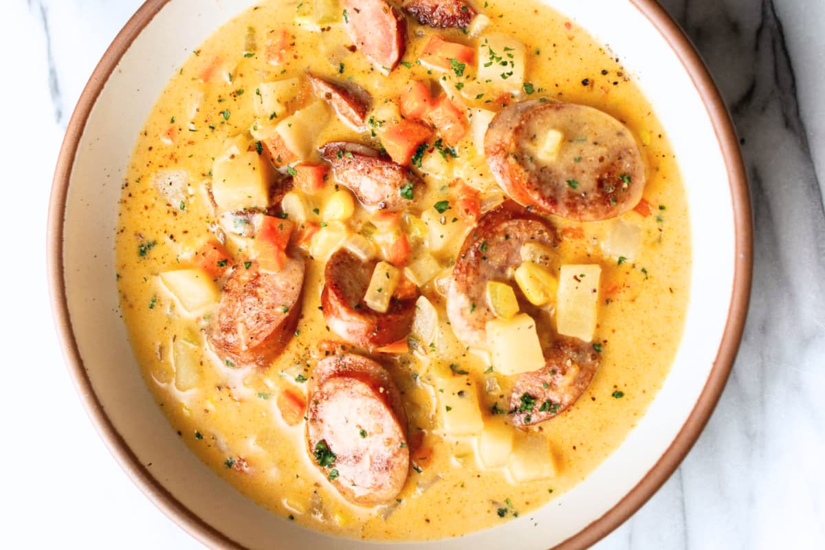 A bowl of Creamy Kielbasa Potato Soup.