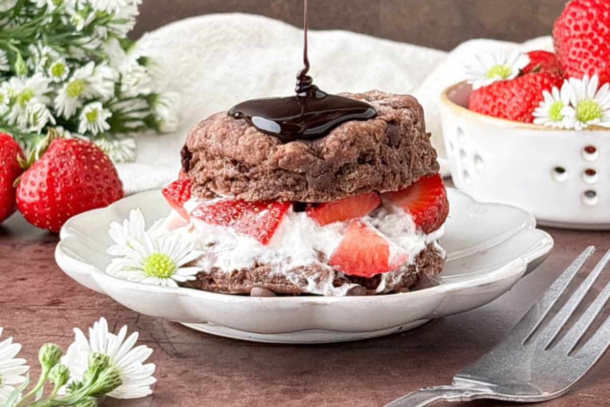 A plate of Chocolate Strawberry Shortcake.