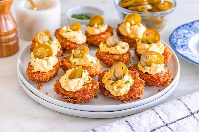 A plate of Fried Deviled Eggs.