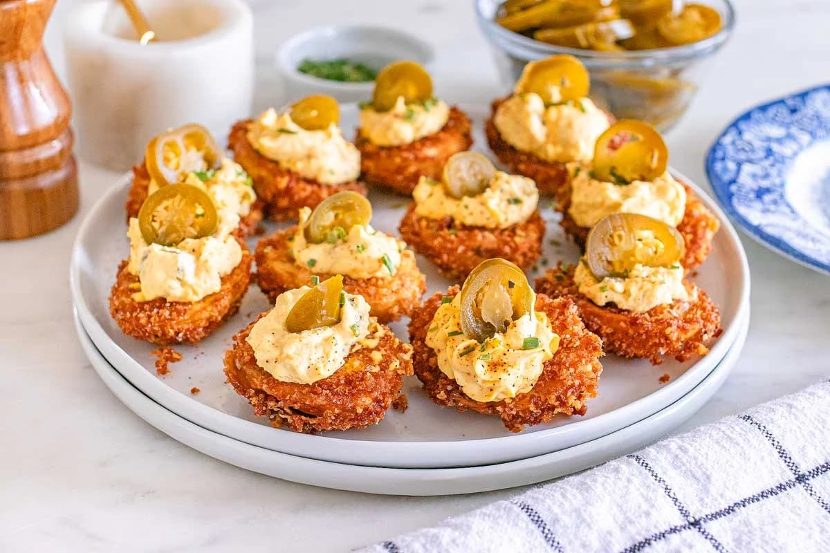A plate of Fried Deviled Eggs.