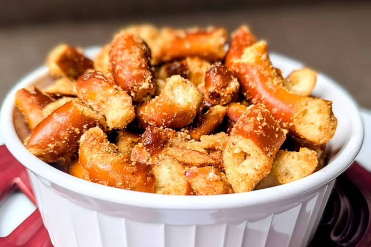 A bowl of Parmesan Herb Seasoned Pretzels.