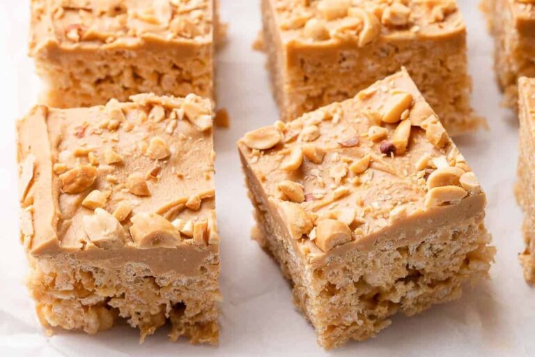 A plate of Peanut Butter Rice Krispie Treats.