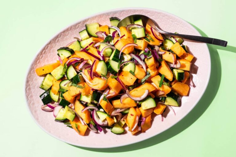 A plate of Cucumber Melon Salad with Mint.