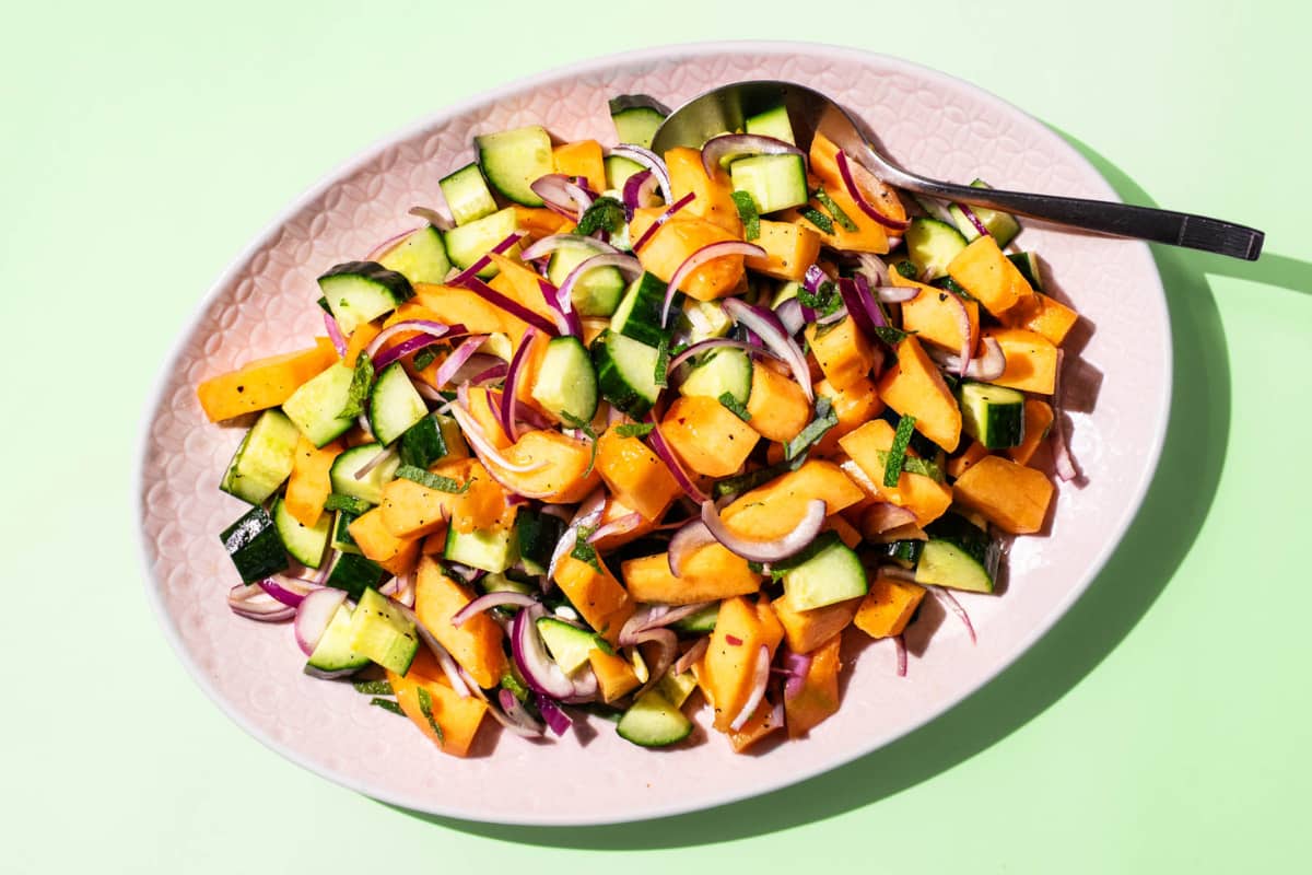 A plate of Cucumber Melon Salad with Mint.