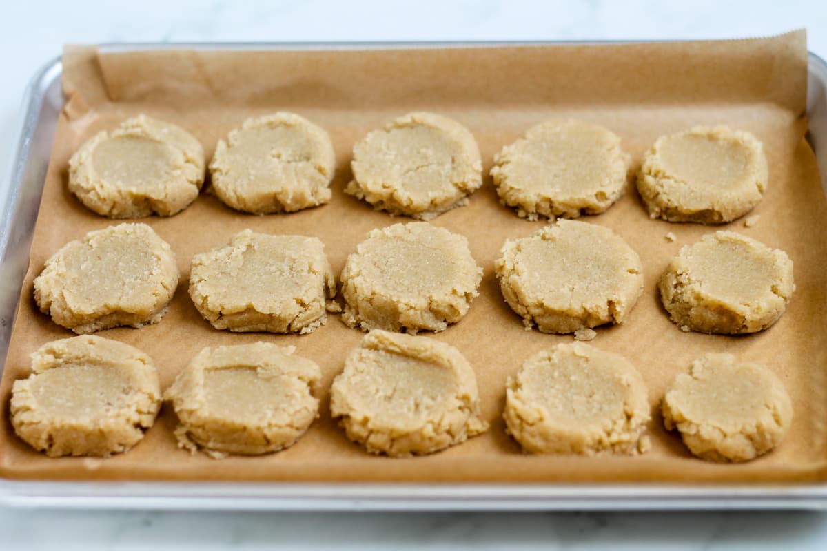 Cookie dough on a tray.