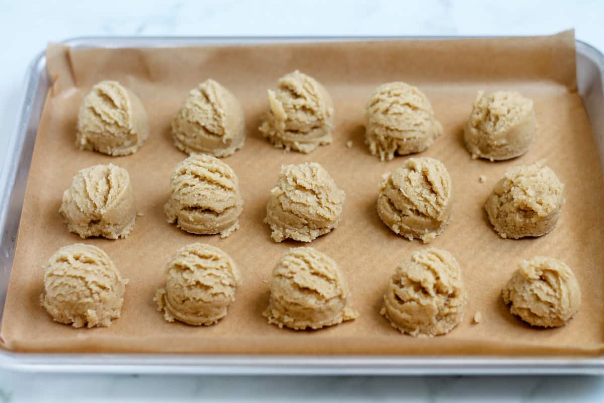 A tray of cookie dough balls.