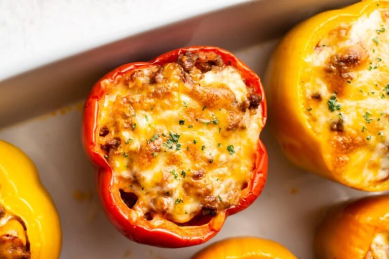 A dish of Ground Beef Stuffed Peppers.