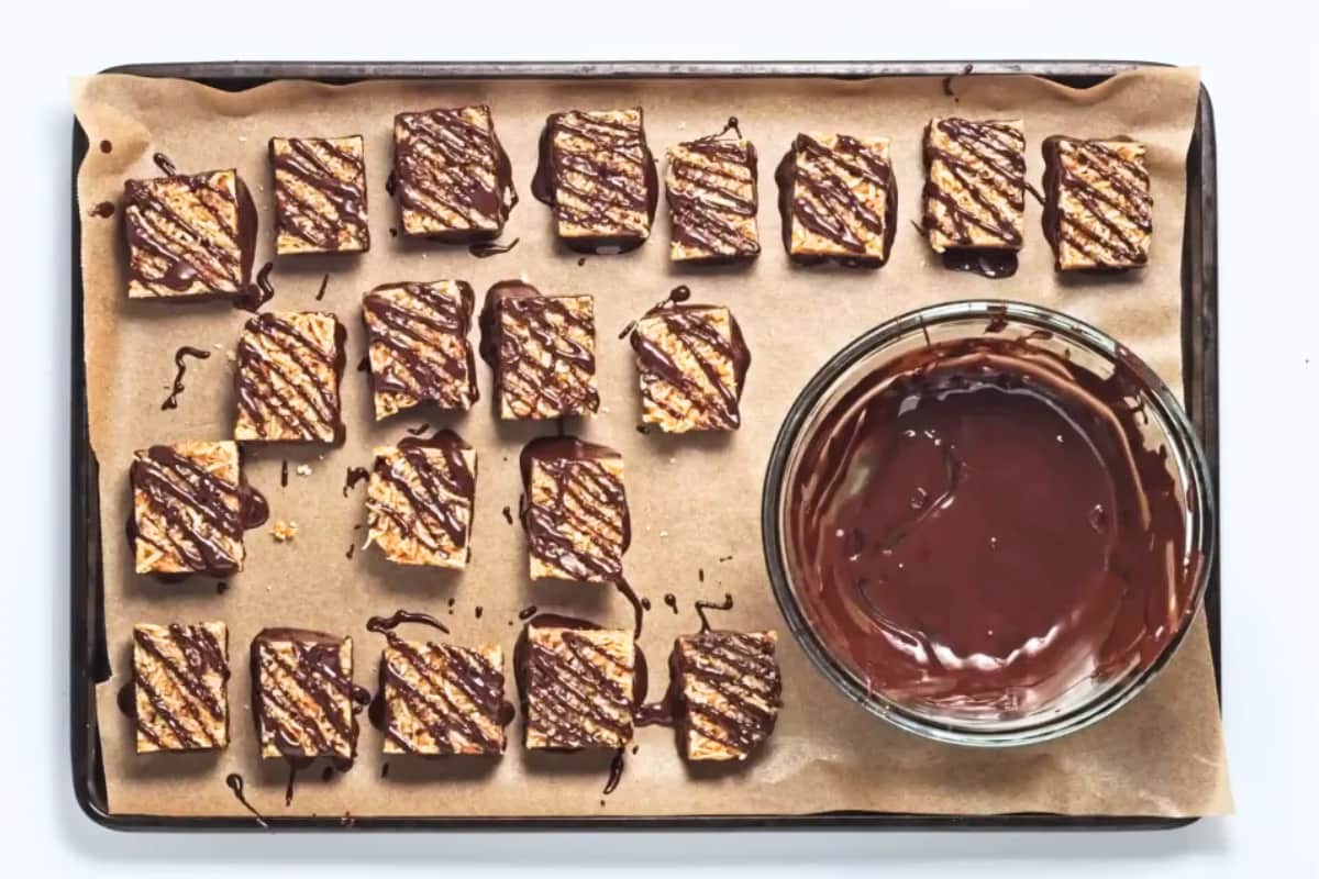 A tray of Samoa Cookie Bars.