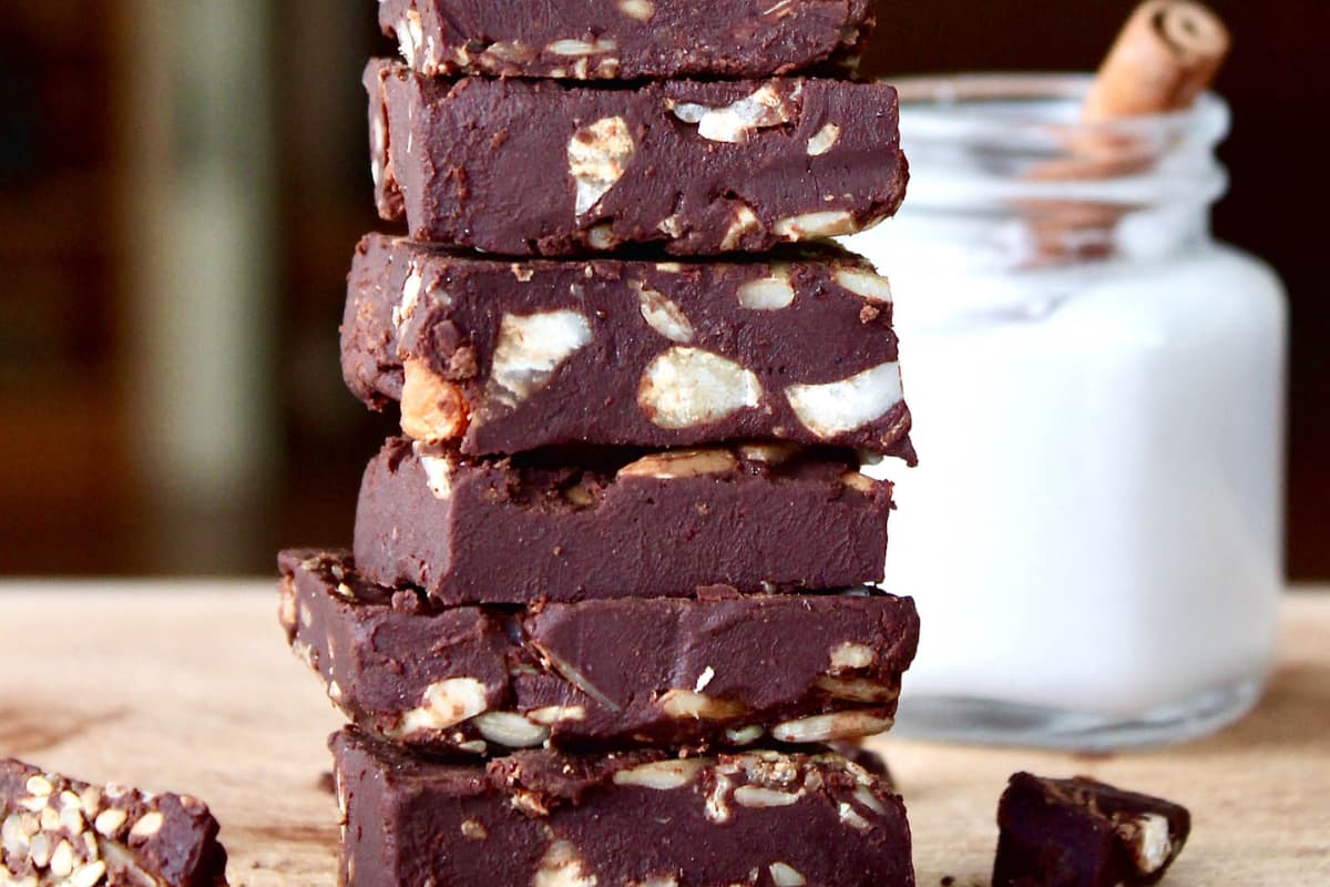 A dish of Keto Chocolate Macadamia Mango Bites.