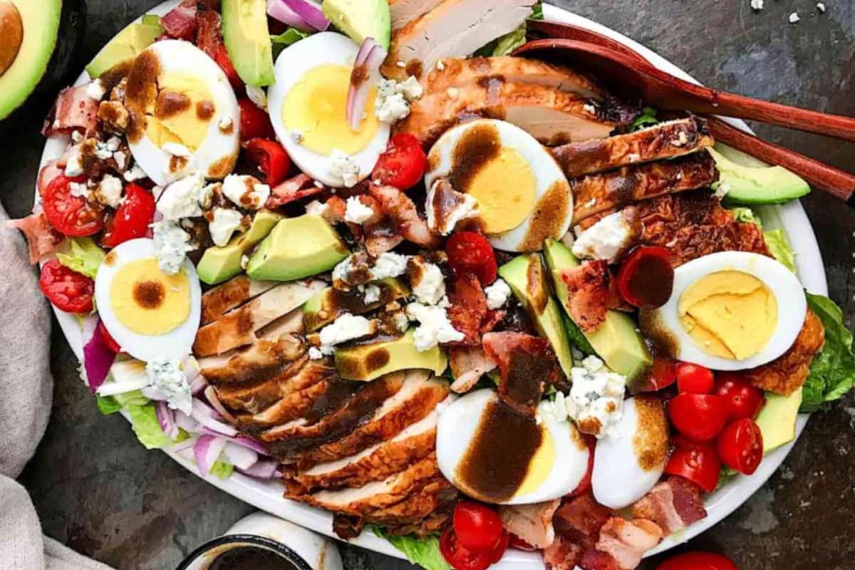 A plate of Healthy Chicken Cobb salad.
