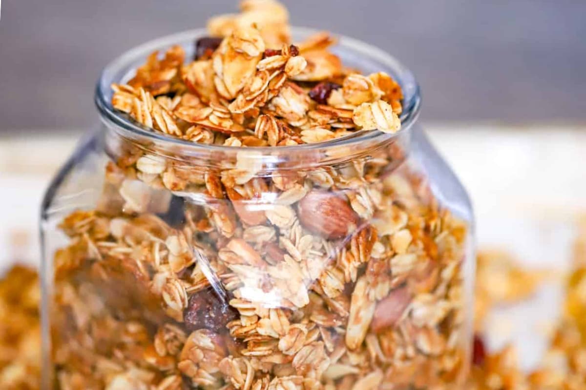 A jar of Homemade Granola with Dried Fruit.