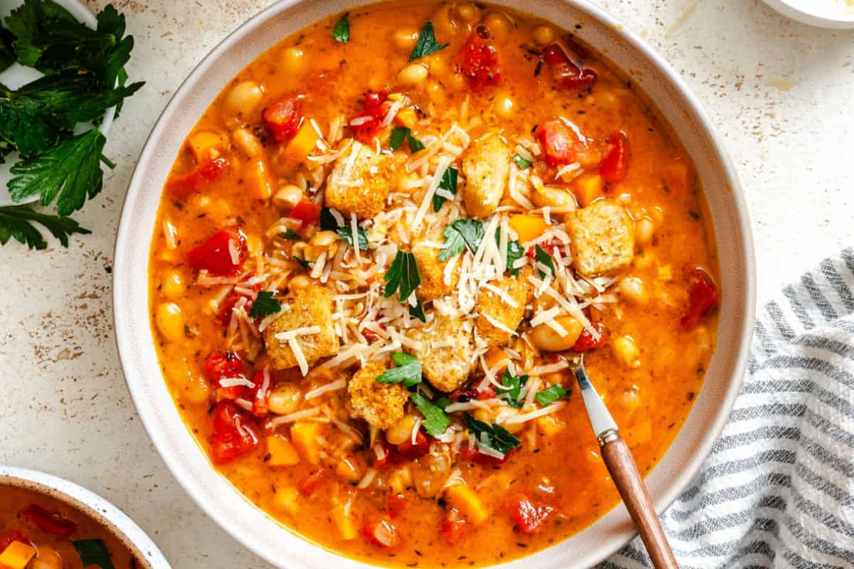 A bowl of Instant Pot Garlic White Bean Soup.