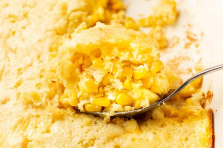 A dish of Jiffy Corn Casserole.