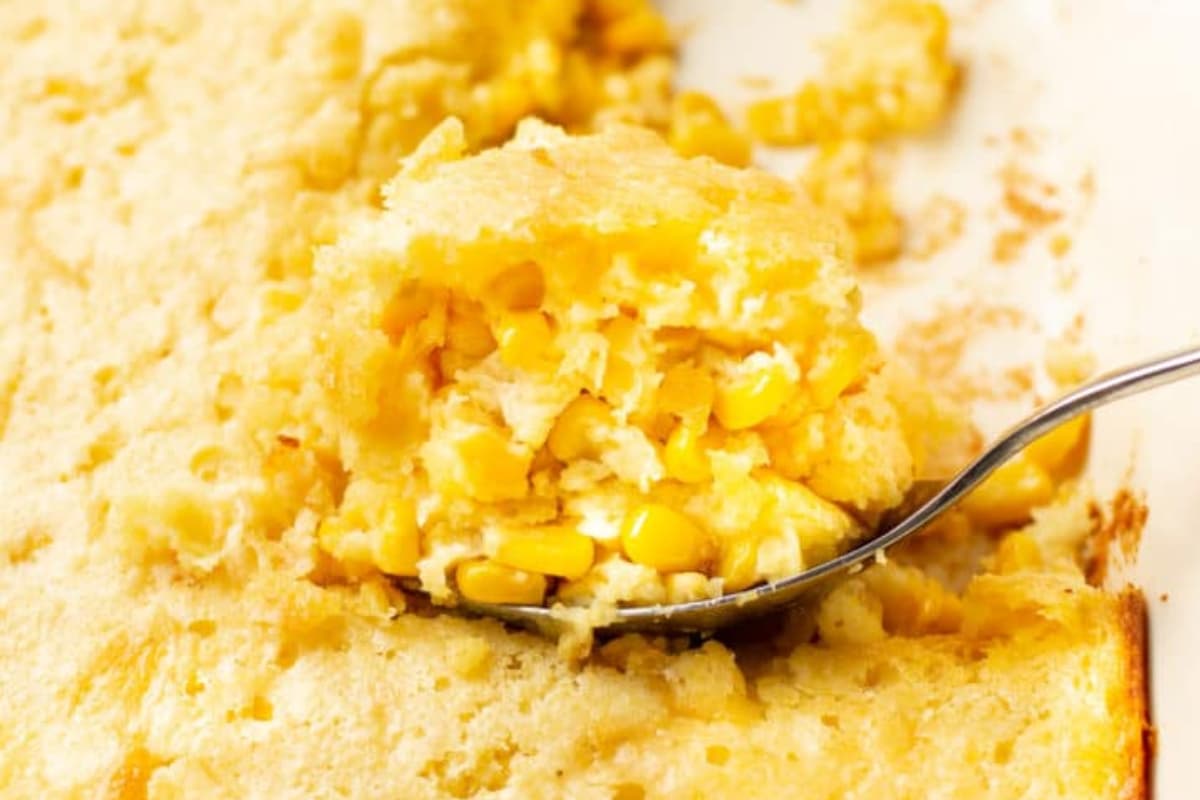 A dish of Jiffy Corn Casserole.