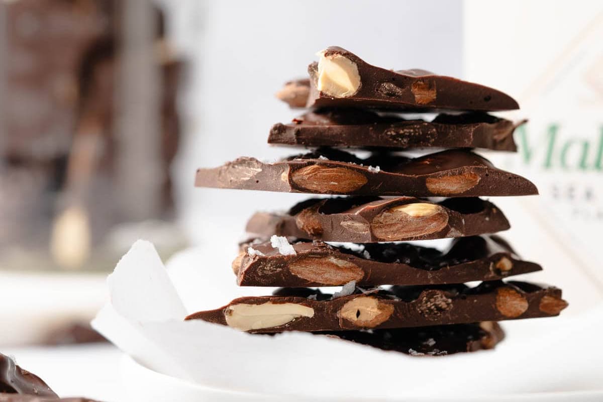 A plate of Dark Chocolate Almond Bark.