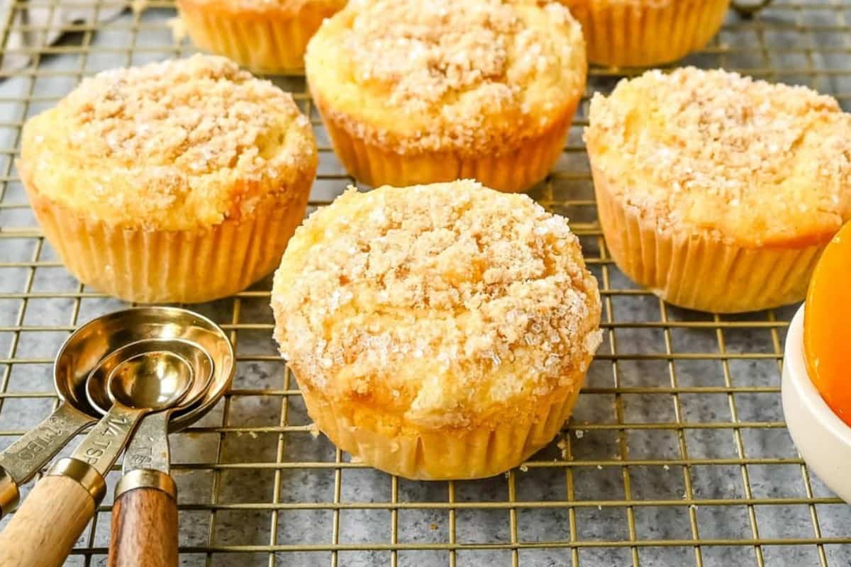 A rack of Peach Cobbler Muffins.