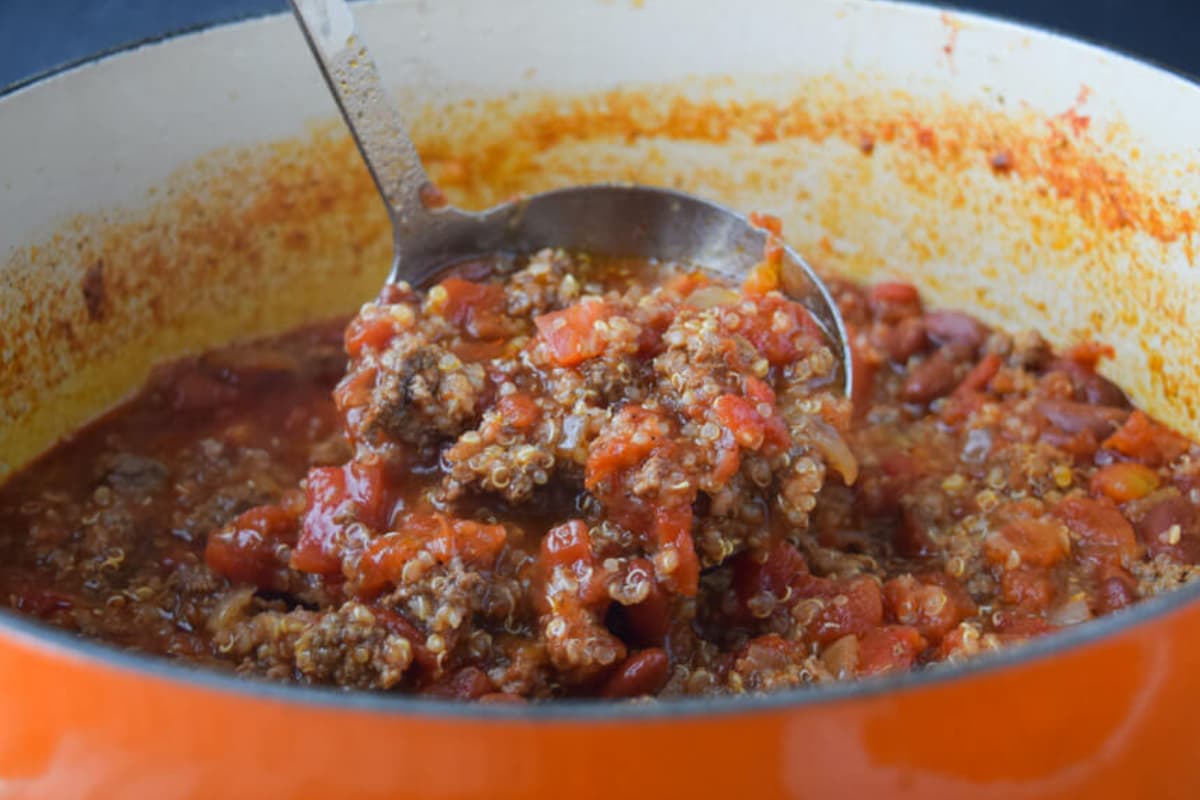 A pot of Easy Skinny Quinoa Chili.