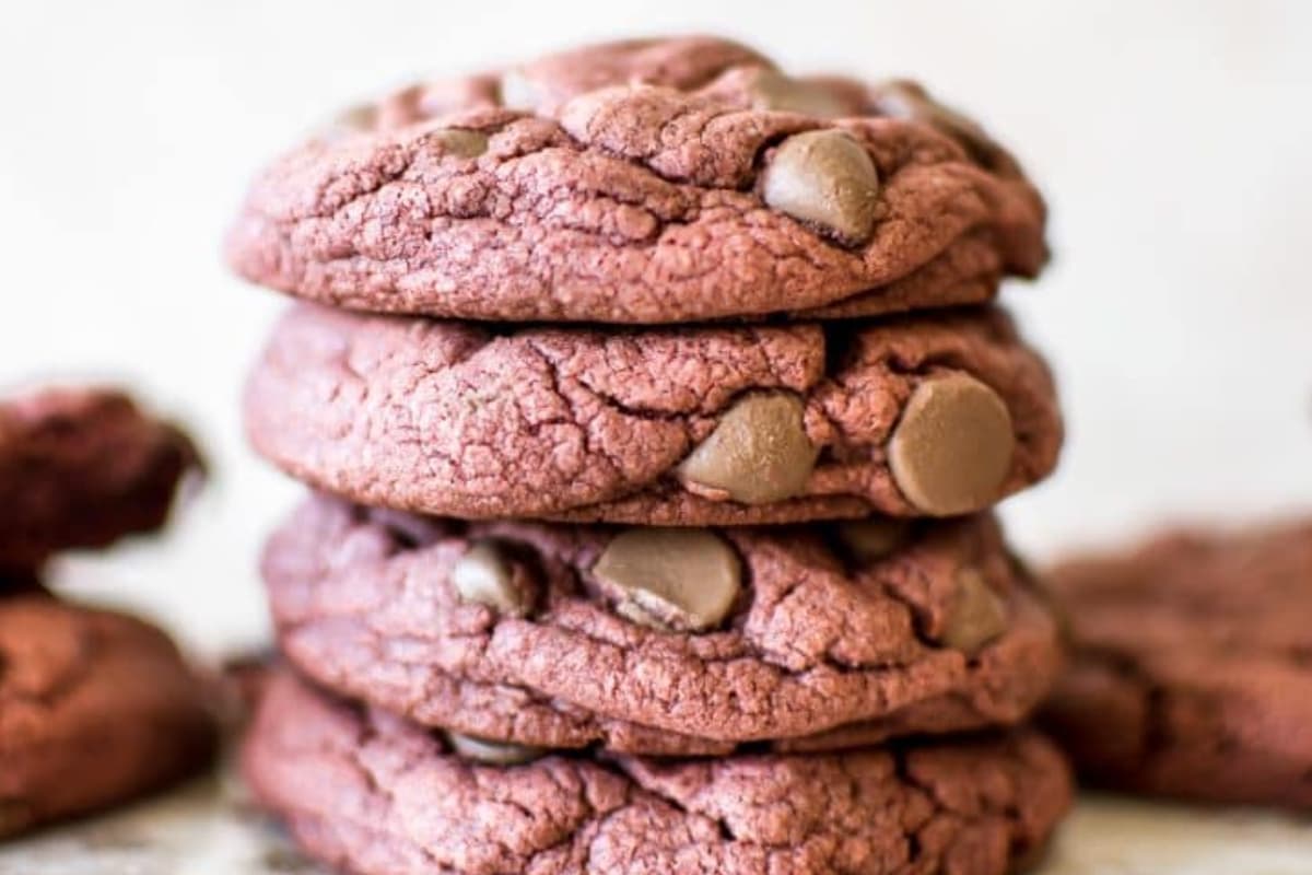 A plate of Red Velvet Cake Mix Cookies.