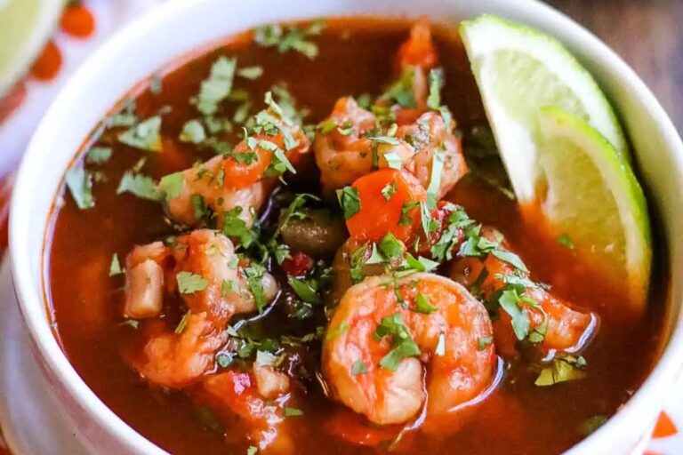 A bowl of Sopa de Camarones (Mexican Shrimp Soup).