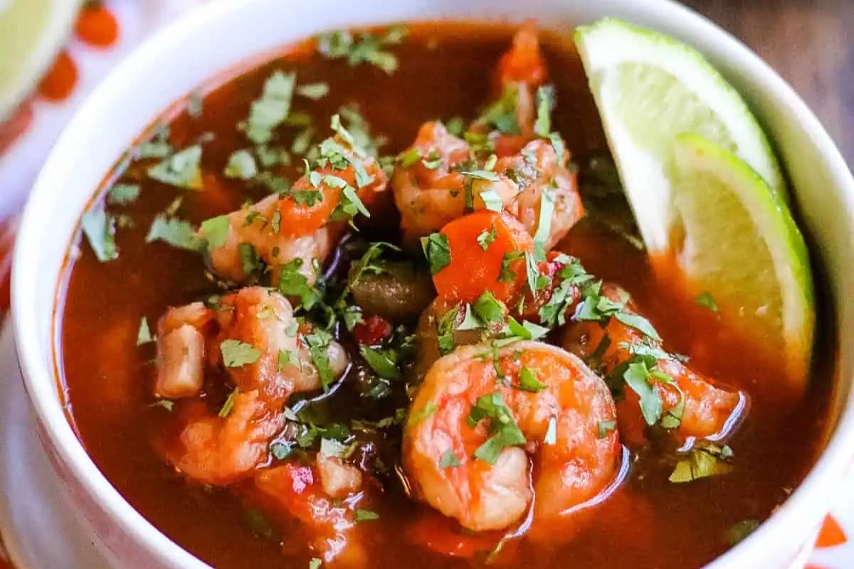 A bowl of Sopa de Camarones (Mexican Shrimp Soup).