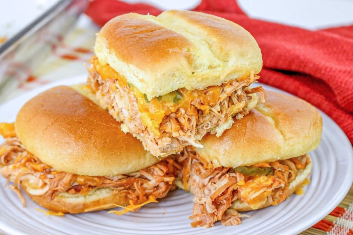 A plate of BBQ Chicken Sliders.