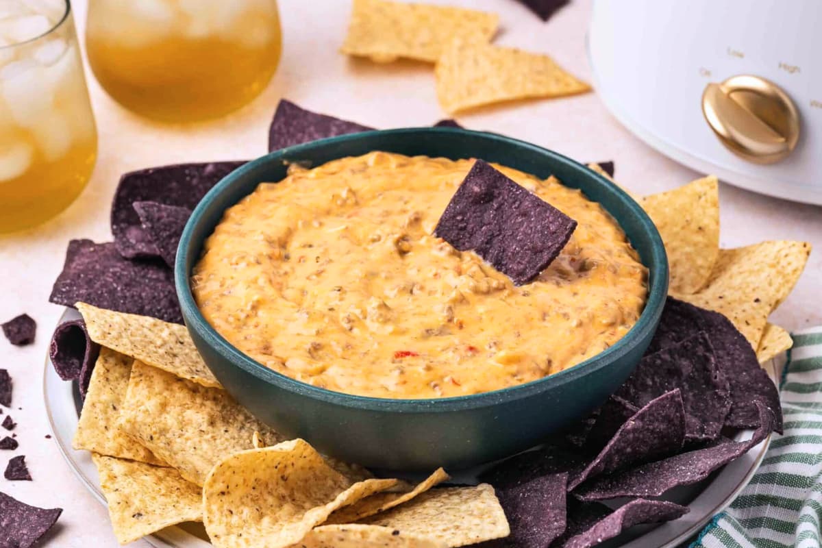 A dish of Slow Cooker Hamburger Velveeta Dip.