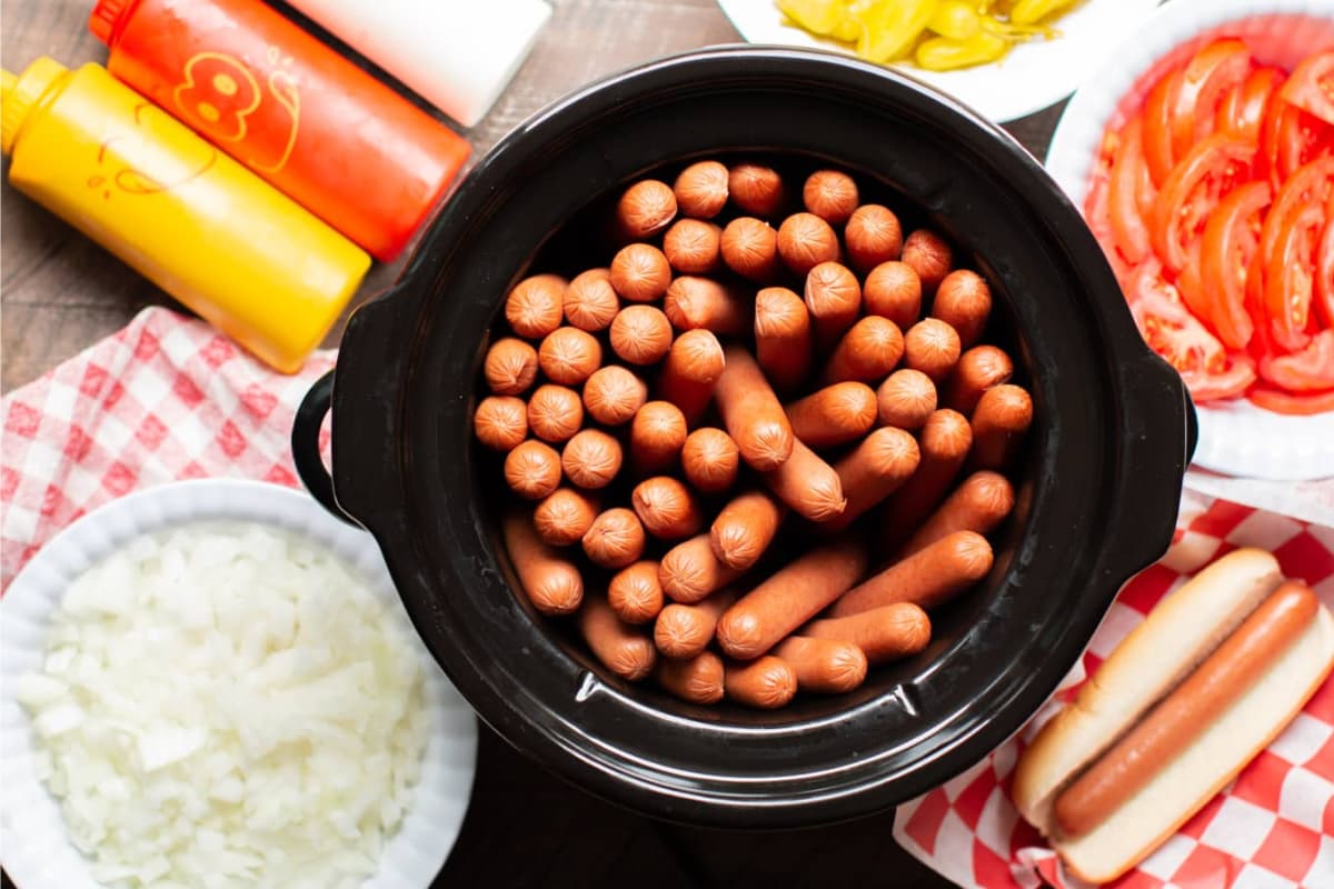 A dish of Slow Cooker Hot Dogs.