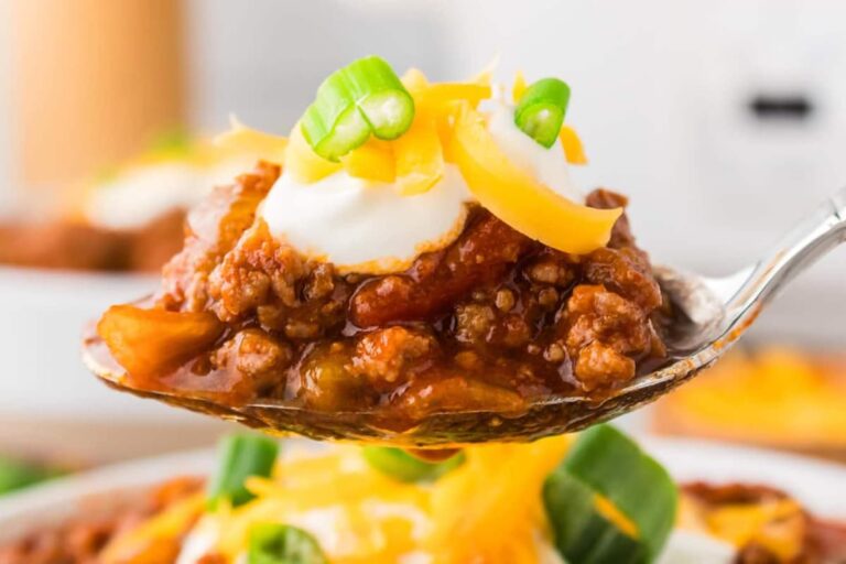 A spoonful of Slow Cooker Beef and Sausage Chili without Beans.