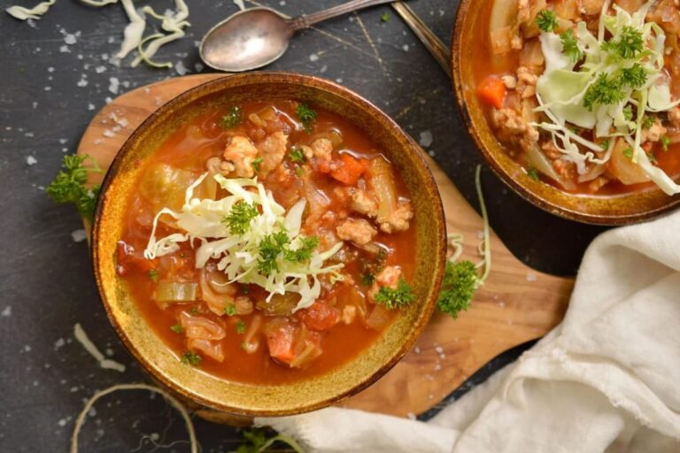 A bowl of Slow Cooker Cabbage Roll Soup.