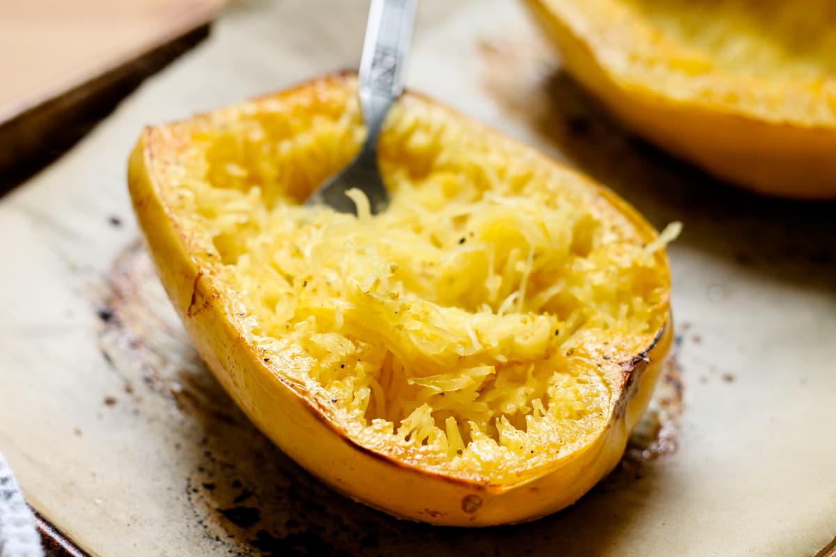 A tray of oven roasted spaghetti squash.