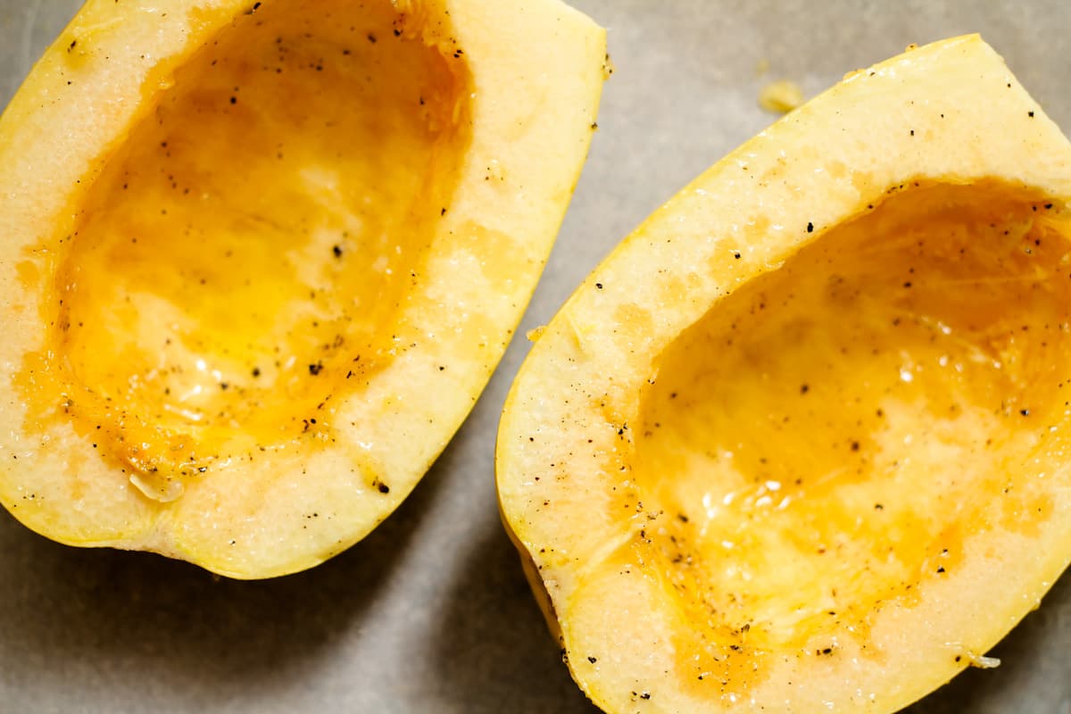 A tray of oven roasted spaghetti squash.