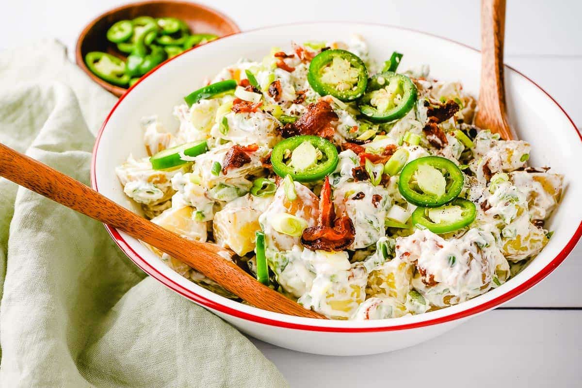 A dish of Jalapeño Popper Potato Salad.