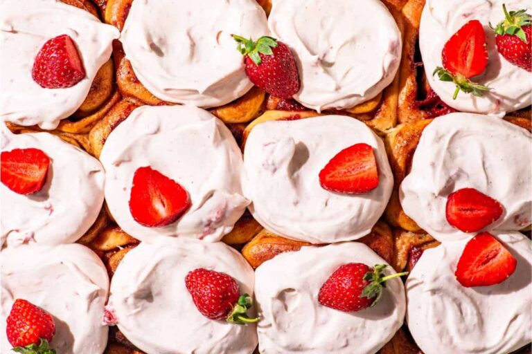 A dish of Strawberry Cinnamon Rolls.