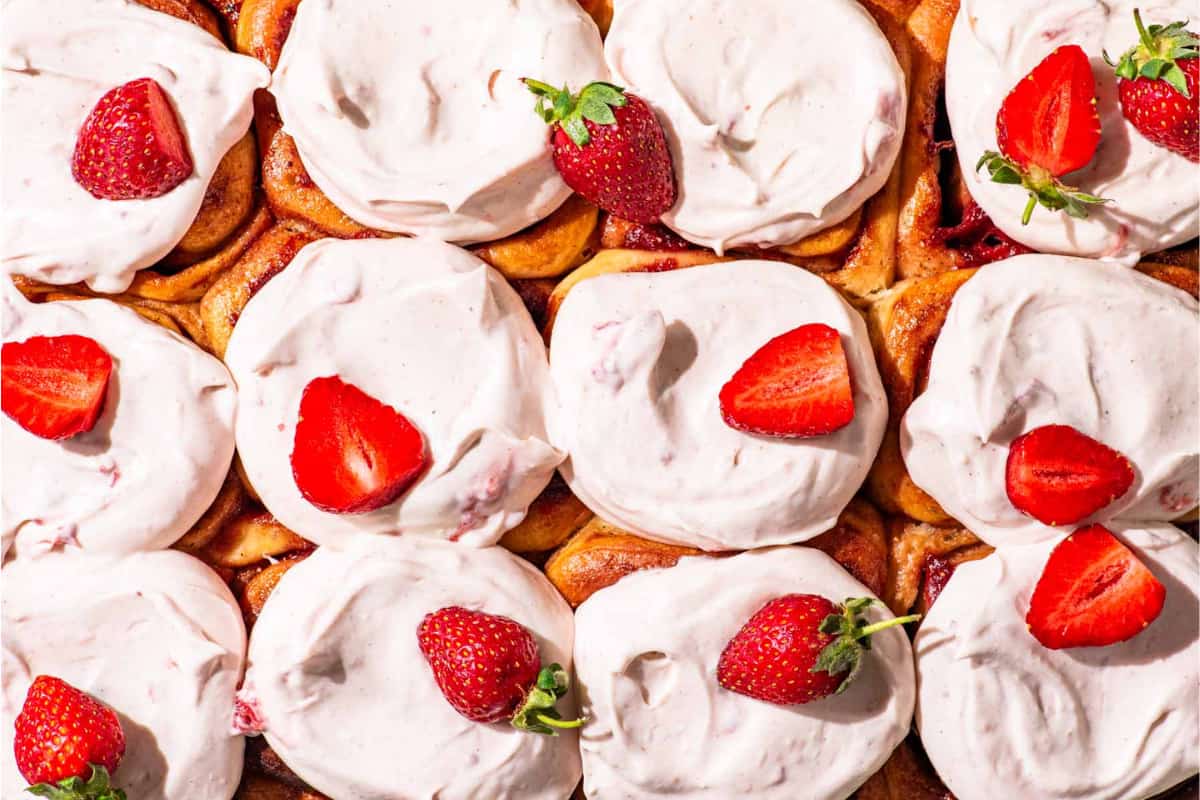 A dish of Strawberry Cinnamon Rolls.