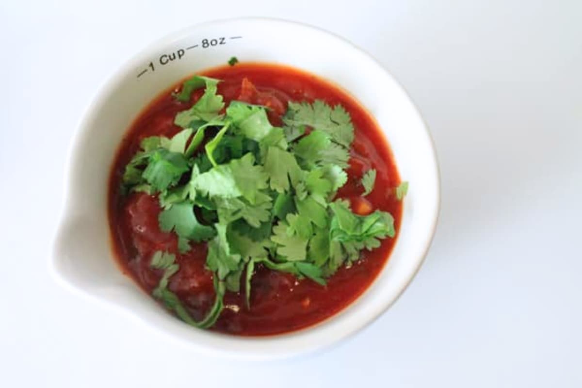 A dish of salsa and cilantro.