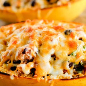 A plate of stuffed spaghetti squash.