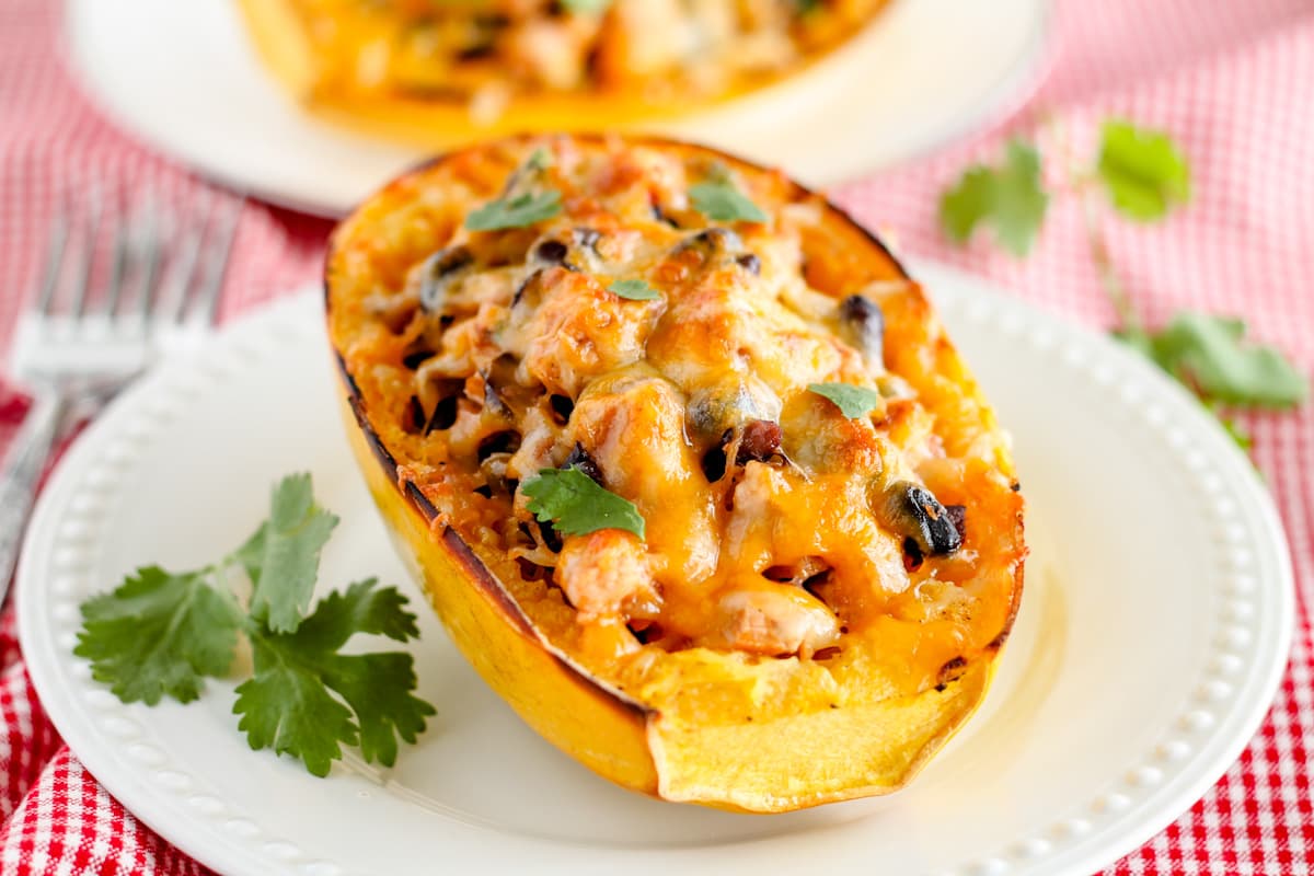 A plate of stuffed spaghetti squash.