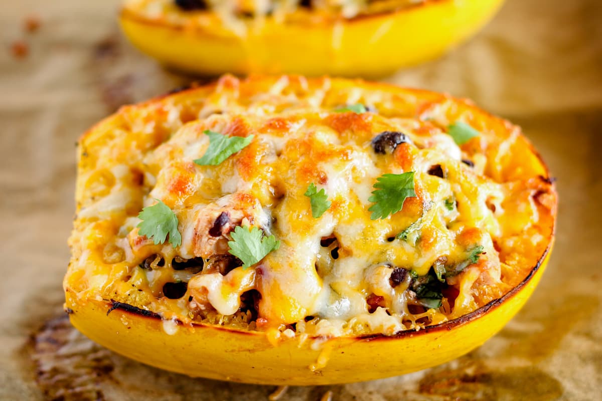 A plate of stuffed spaghetti squash.