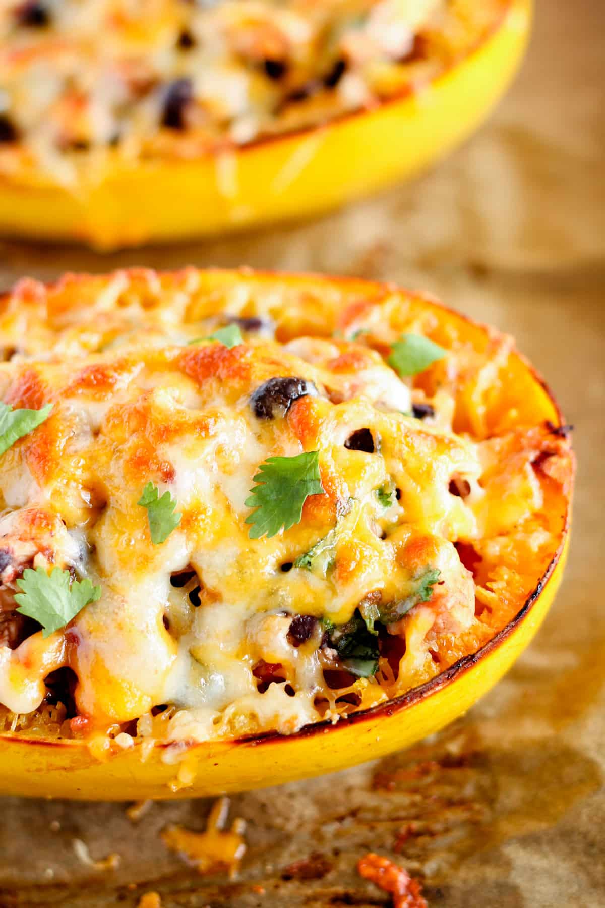 A plate of stuffed spaghetti squash.