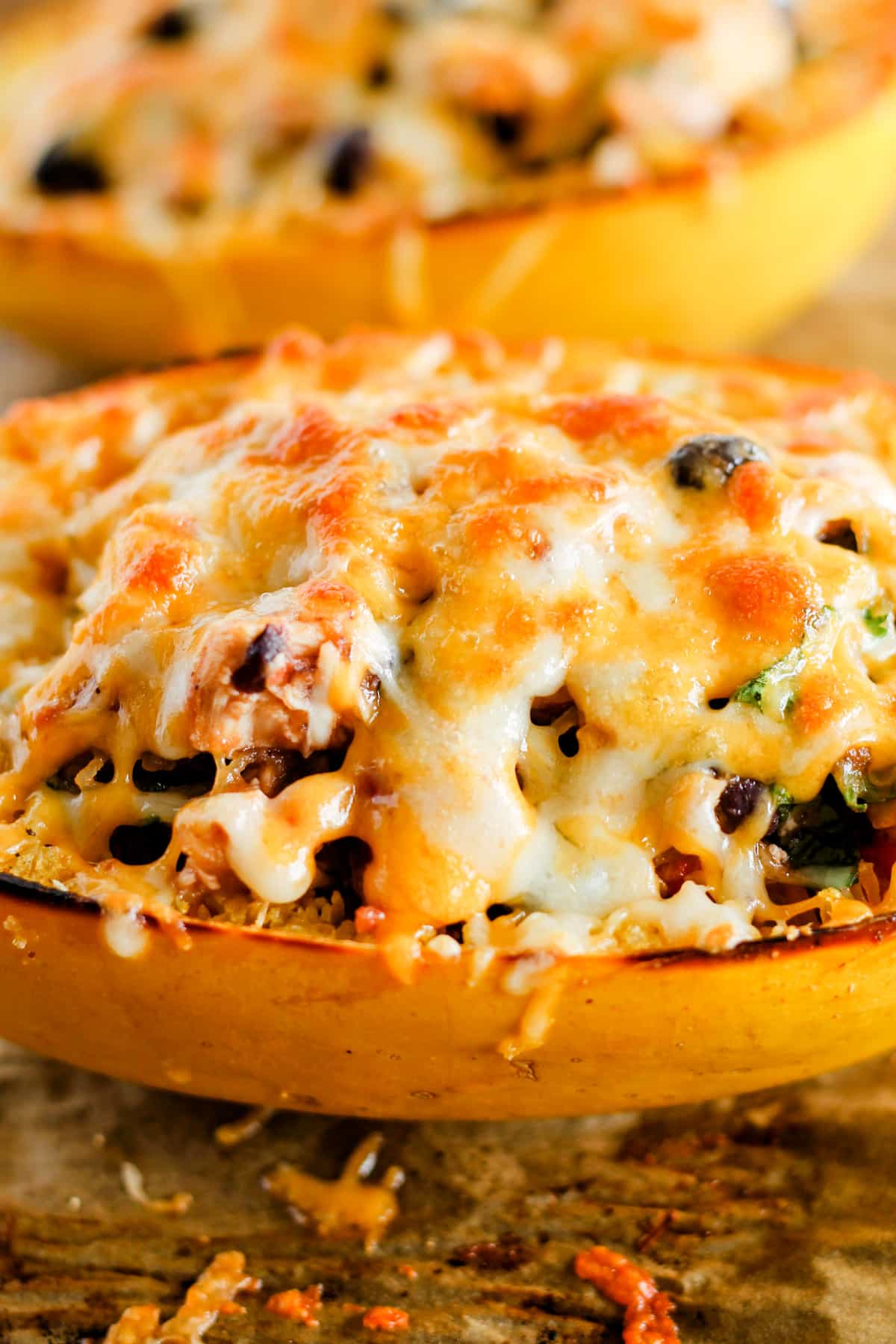 A plate of stuffed spaghetti squash.
