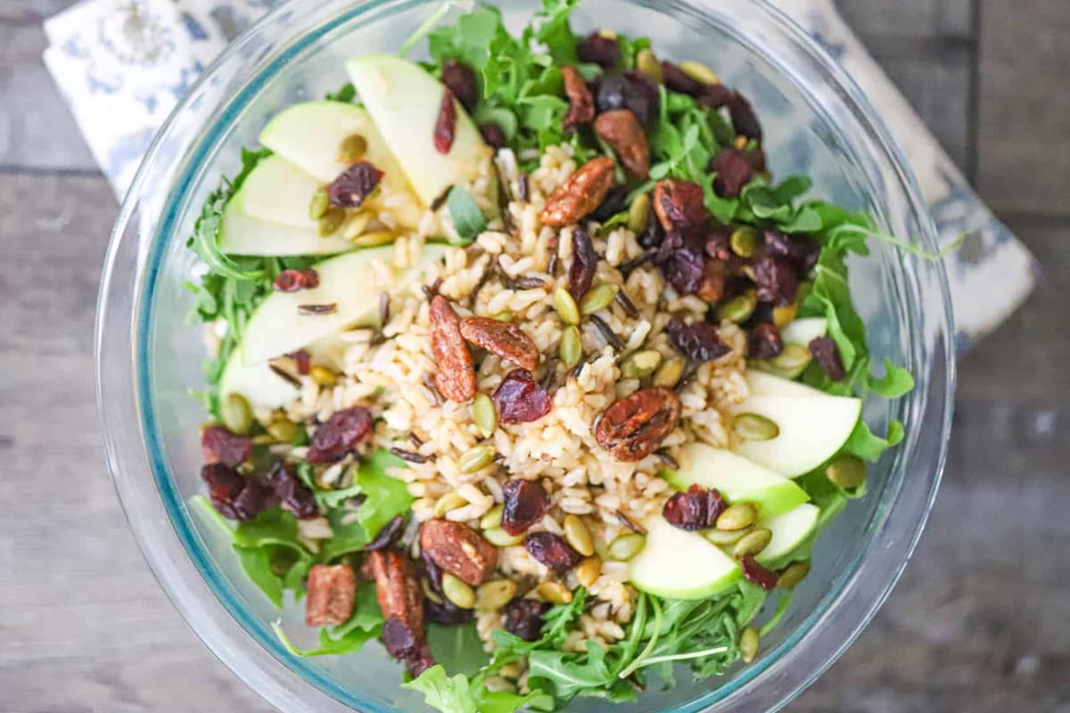 A bowl of Wild Rice Apple Pecan Salad.