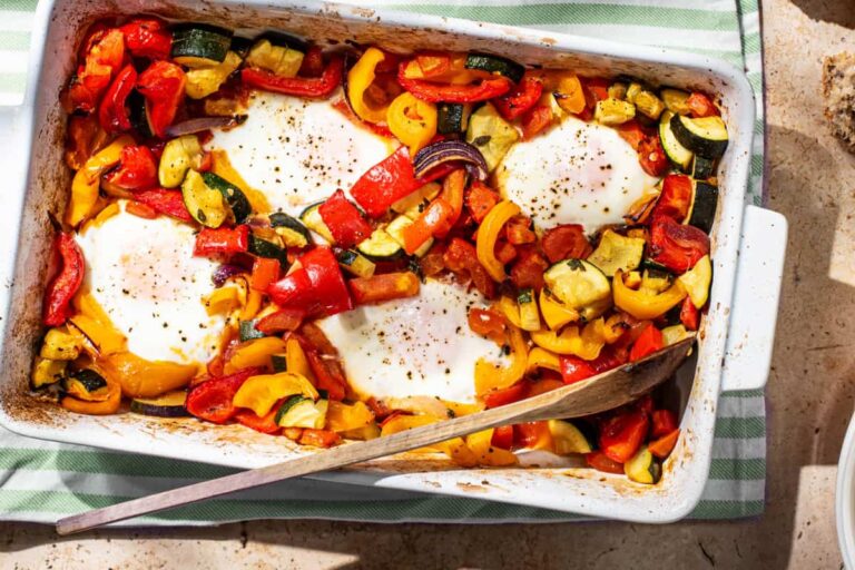 A dish of Roasted Vegetable Baked Eggs.