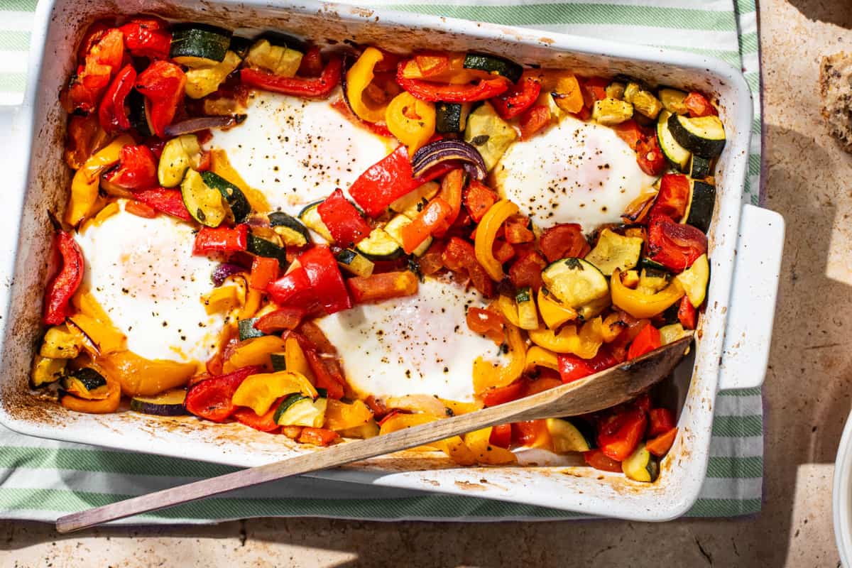 A dish of Roasted Vegetable Baked Eggs.