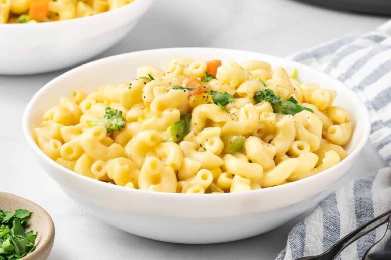 A dish of Instant Pot Mac and Cheese with Frozen Veggies.
