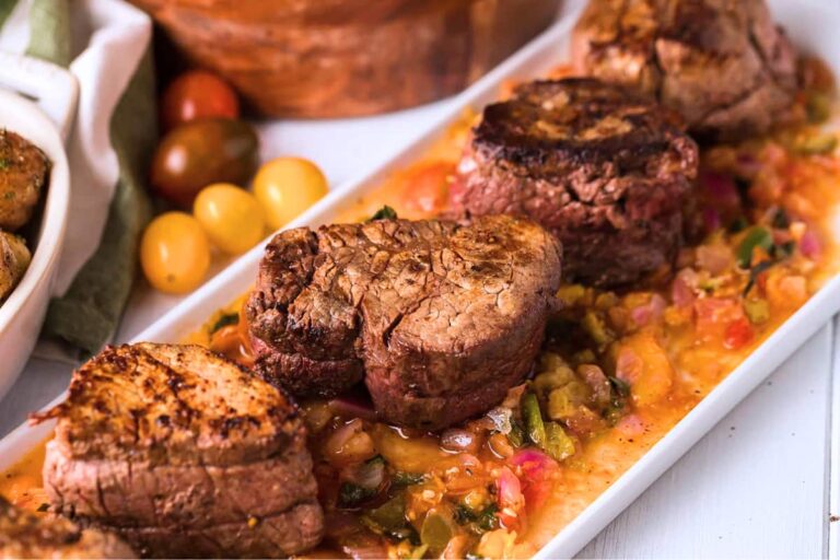 A dish of Pan Roasted Beef Tenderloin Medallions.