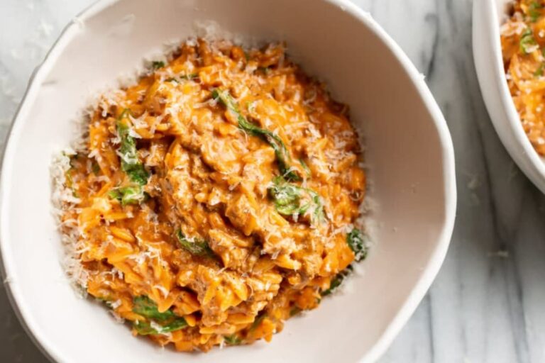 A dish of Ground Beef Orzo with Tomato Cream Sauce.