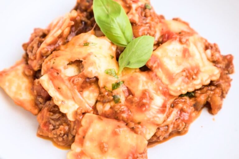 A dish of Baked Ravioli Casserole.