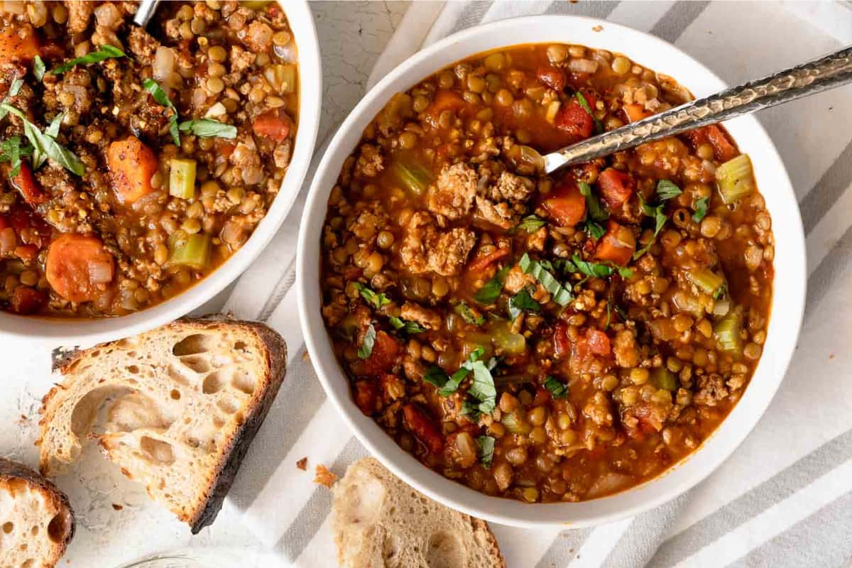 A bowl of Lentil Turkey Soup.