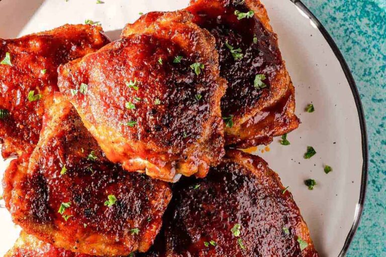 A plate of Baked BBQ Chicken Thighs.