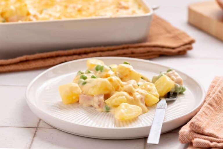 A plate of Ham and Potato Casserole.